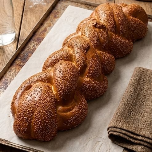 חלה קלועה עם שומשום, טרייה מהתנור